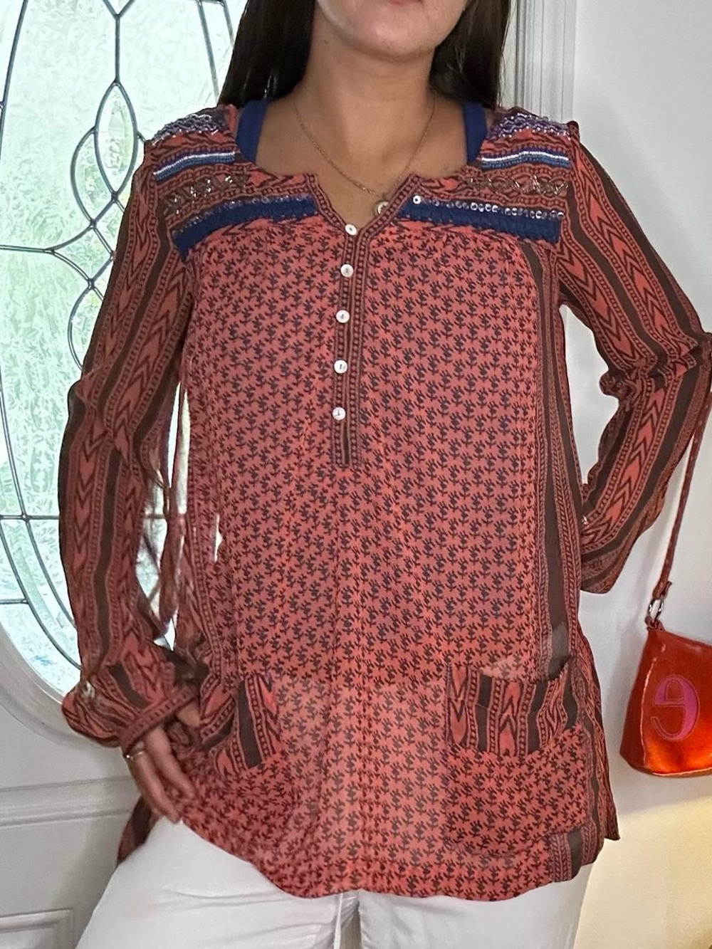 Free People Rust and Navy Boho Sheer Henley Blouse